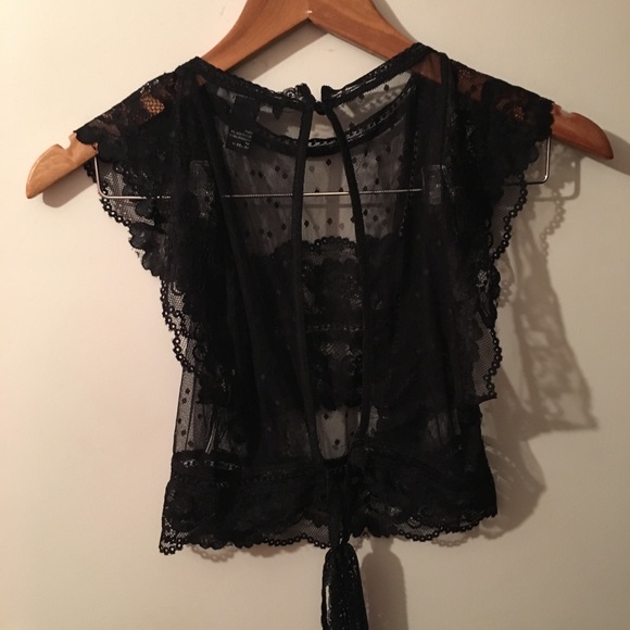 Forever 21 Tops - Forever 21 black mesh lace crop tie blouse